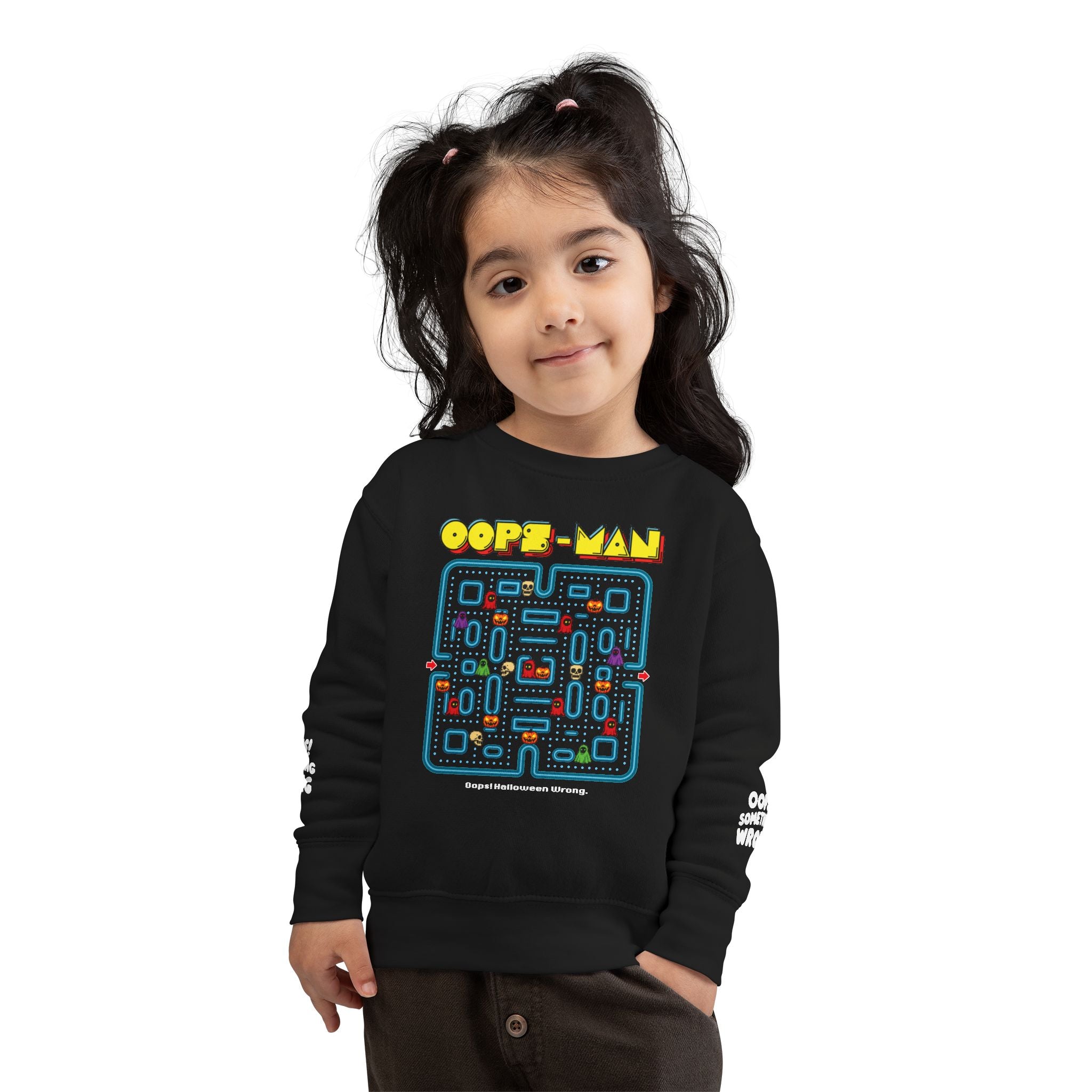 Oops-MAN Halloween Maze Toddler Sweatshirt โ Playable PAC-Style Adventure for Kids! ๐ป๐ฎ