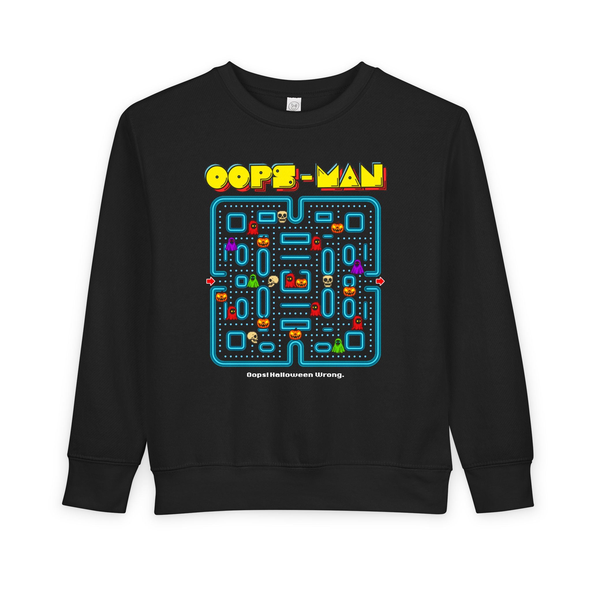 Oops-MAN Halloween Maze Toddler Sweatshirt – Playable PAC-Style Adventure for Kids! 👻🎮