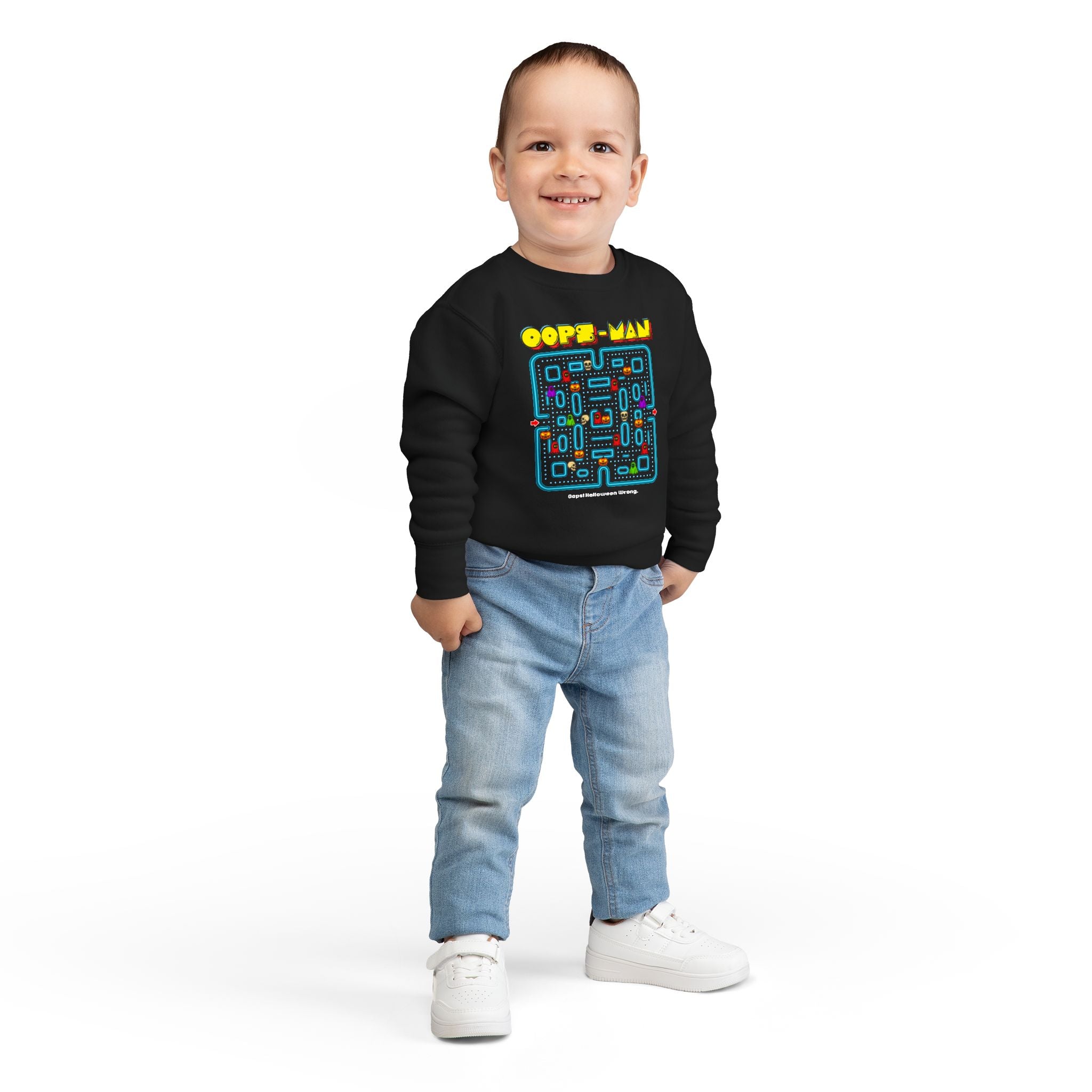 Oops-MAN Halloween Maze Toddler Sweatshirt – Playable PAC-Style Adventure for Kids! 👻🎮