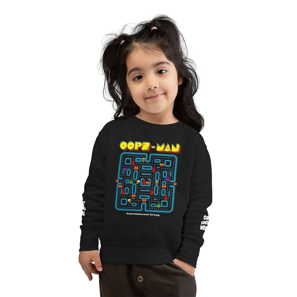 Oops-MAN Halloween Maze Toddler Sweatshirt – Playable PAC-Style Adventure for Kids! 👻🎮