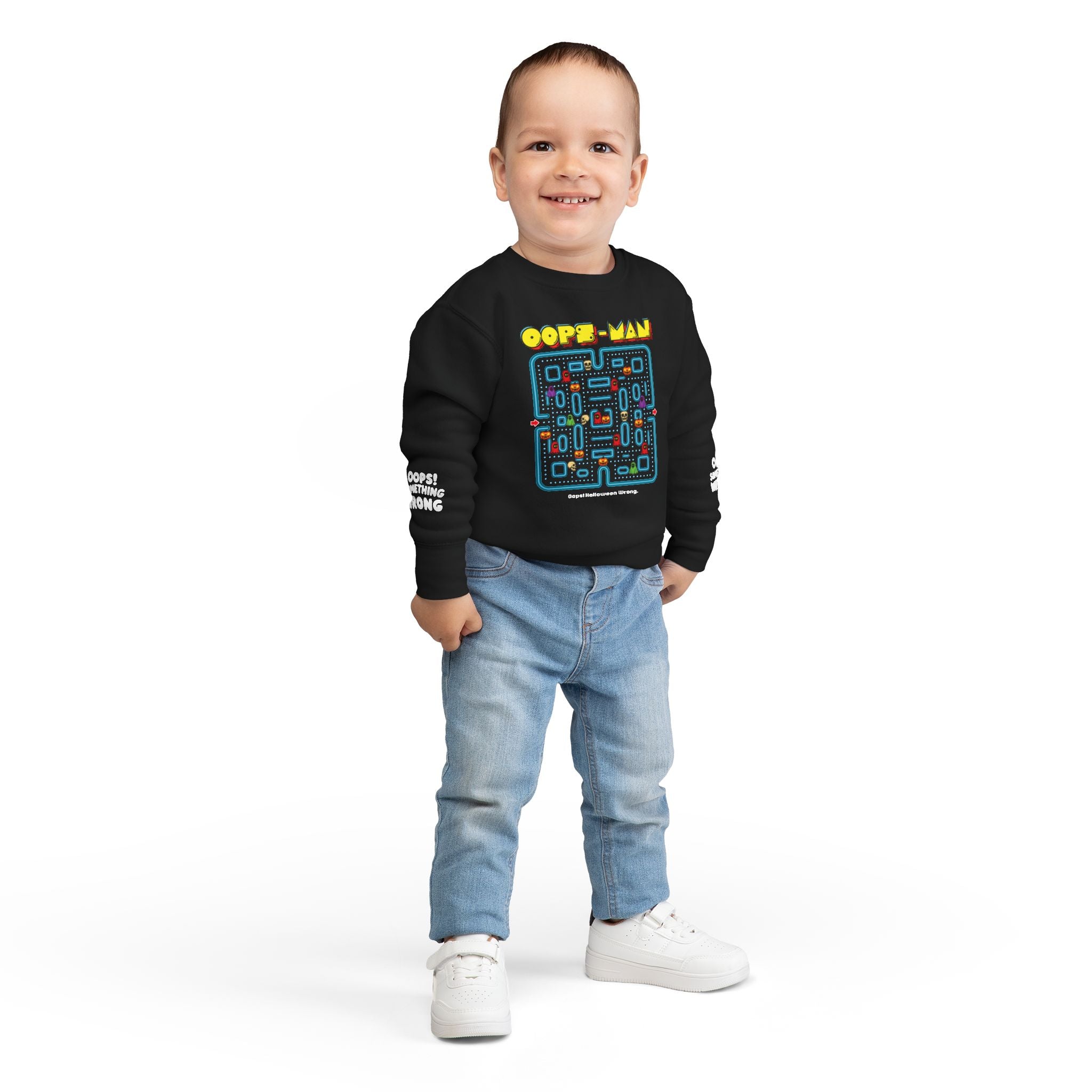 Oops-MAN Halloween Maze Toddler Sweatshirt – Playable PAC-Style Adventure for Kids! 👻🎮