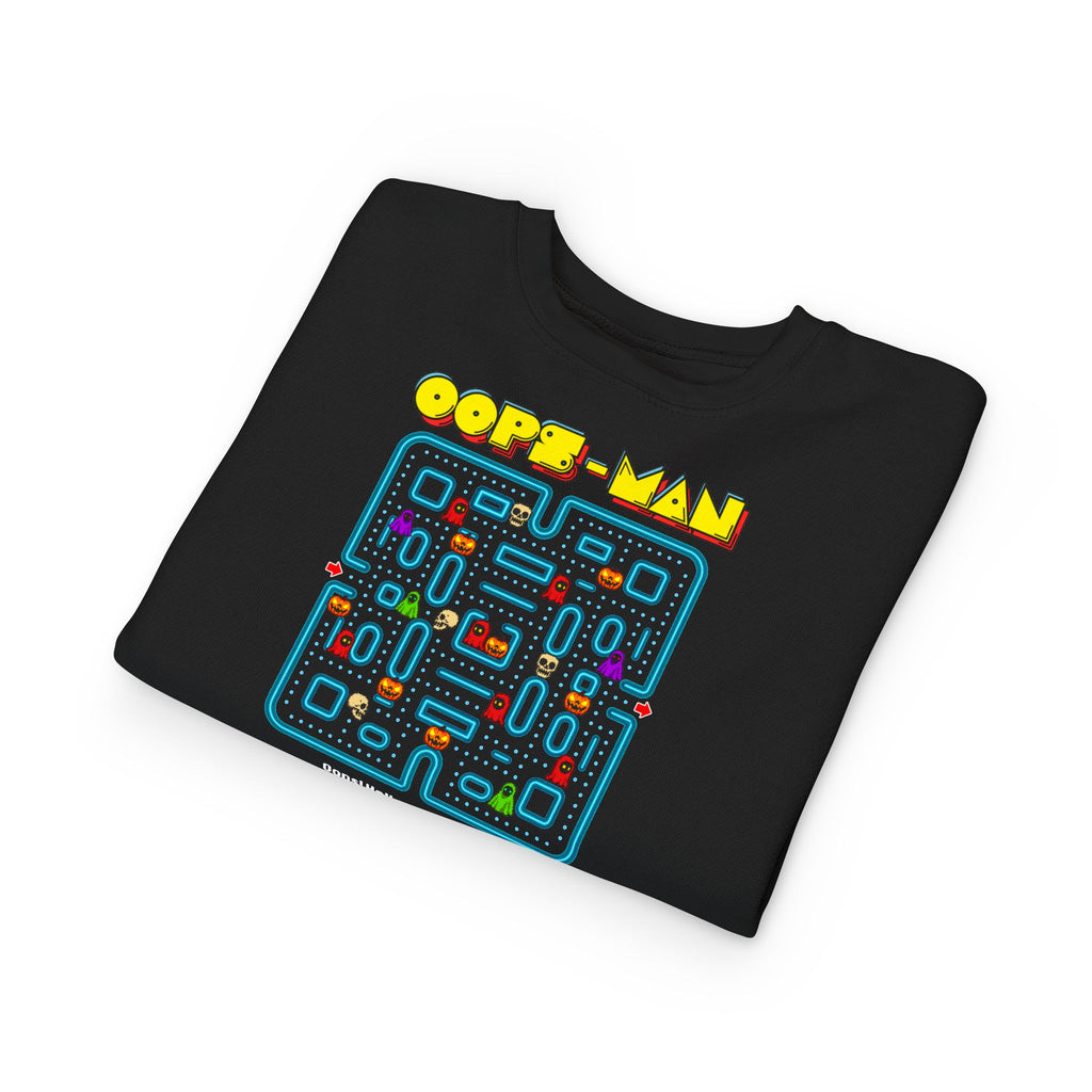 Oops-MAN Halloween Maze Toddler Sweatshirt – Playable PAC-Style Adventure for Kids! 👻🎮