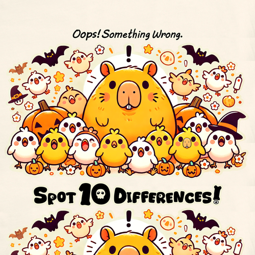 🏷️ 20% OFF | Capy & Chicks: Spot the Halloween Differences Tee – Kids Short Sleeve T-Shirt